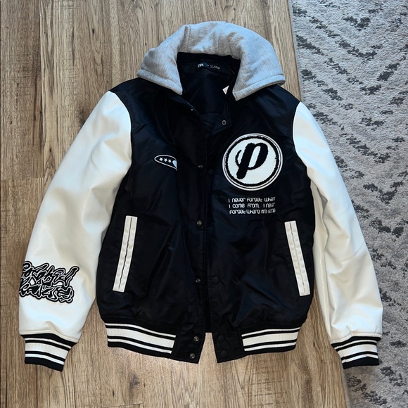 NEW! Zara Black and White Varsity Jacket with Hoodie - Picture 5 of 12